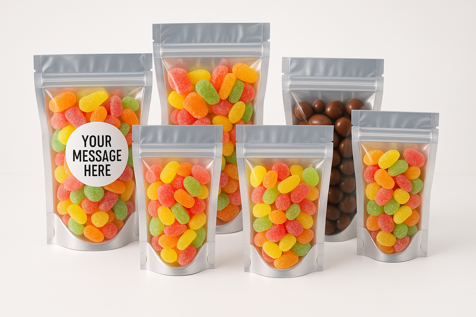clear pouches add a test in the logo e.g. your message here but not on all of them