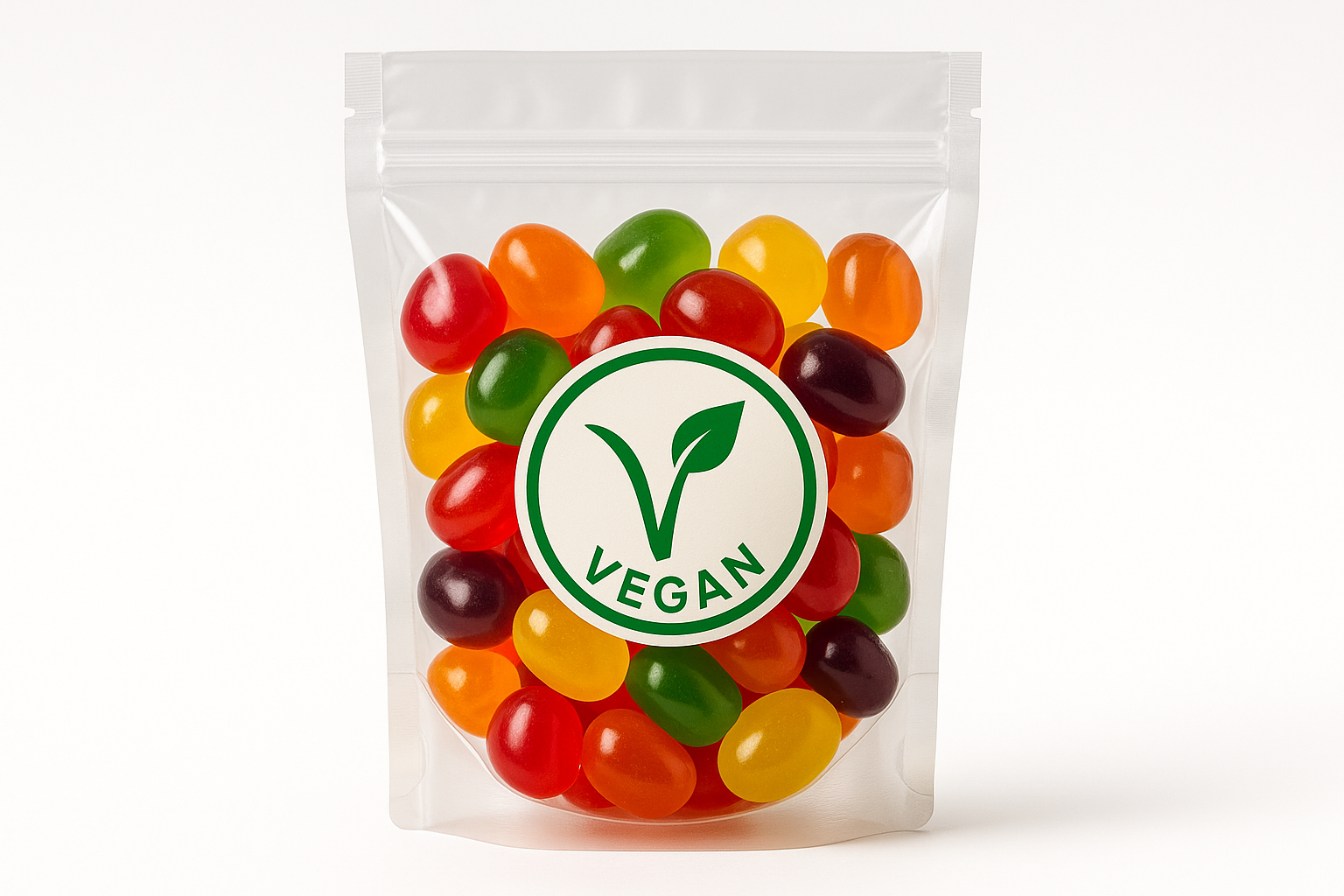 resealable sweet pouch of jelly sweets with an official vegan stick round in the middle